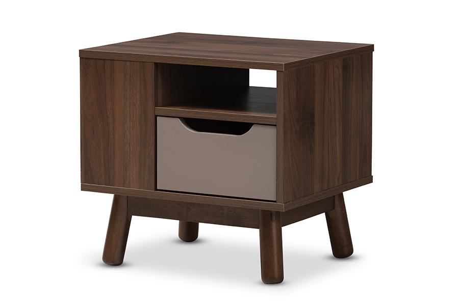 Baxton Studio Britta Mid-Century Modern Walnut Brown and Grey Two-Tone Finished Wood Nightstand