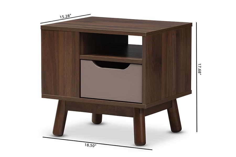 Baxton Studio Britta Mid-Century Modern Walnut Brown and Grey Two-Tone Finished Wood Nightstand