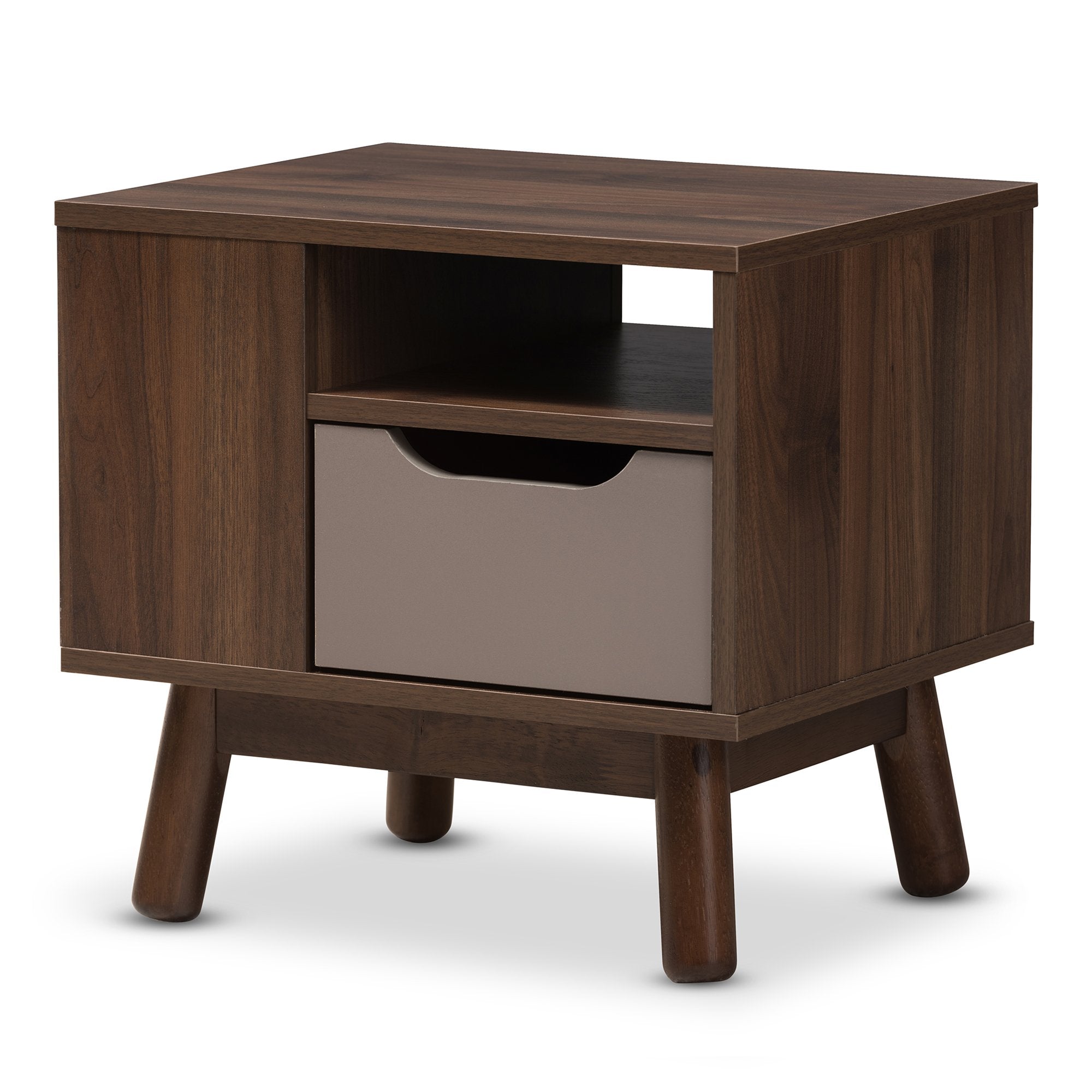 Baxton Studio Britta Mid-Century Modern Walnut Brown and Grey Two-Tone Finished Wood Nightstand