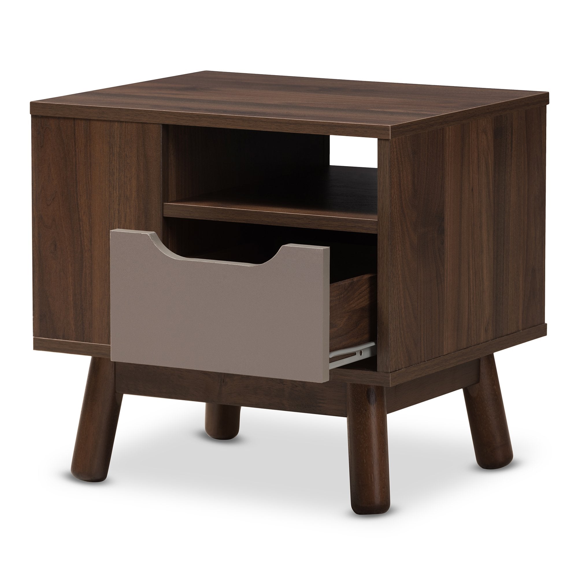 Baxton Studio Britta Mid-Century Modern Walnut Brown and Grey Two-Tone Finished Wood Nightstand