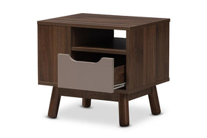 Baxton Studio Britta Mid-Century Modern Walnut Brown and Grey Two-Tone Finished Wood Nightstand