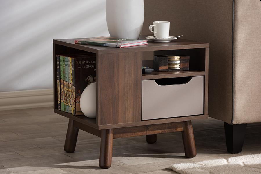 Baxton Studio Britta Mid-Century Modern Walnut Brown and Grey Two-Tone Finished Wood Nightstand