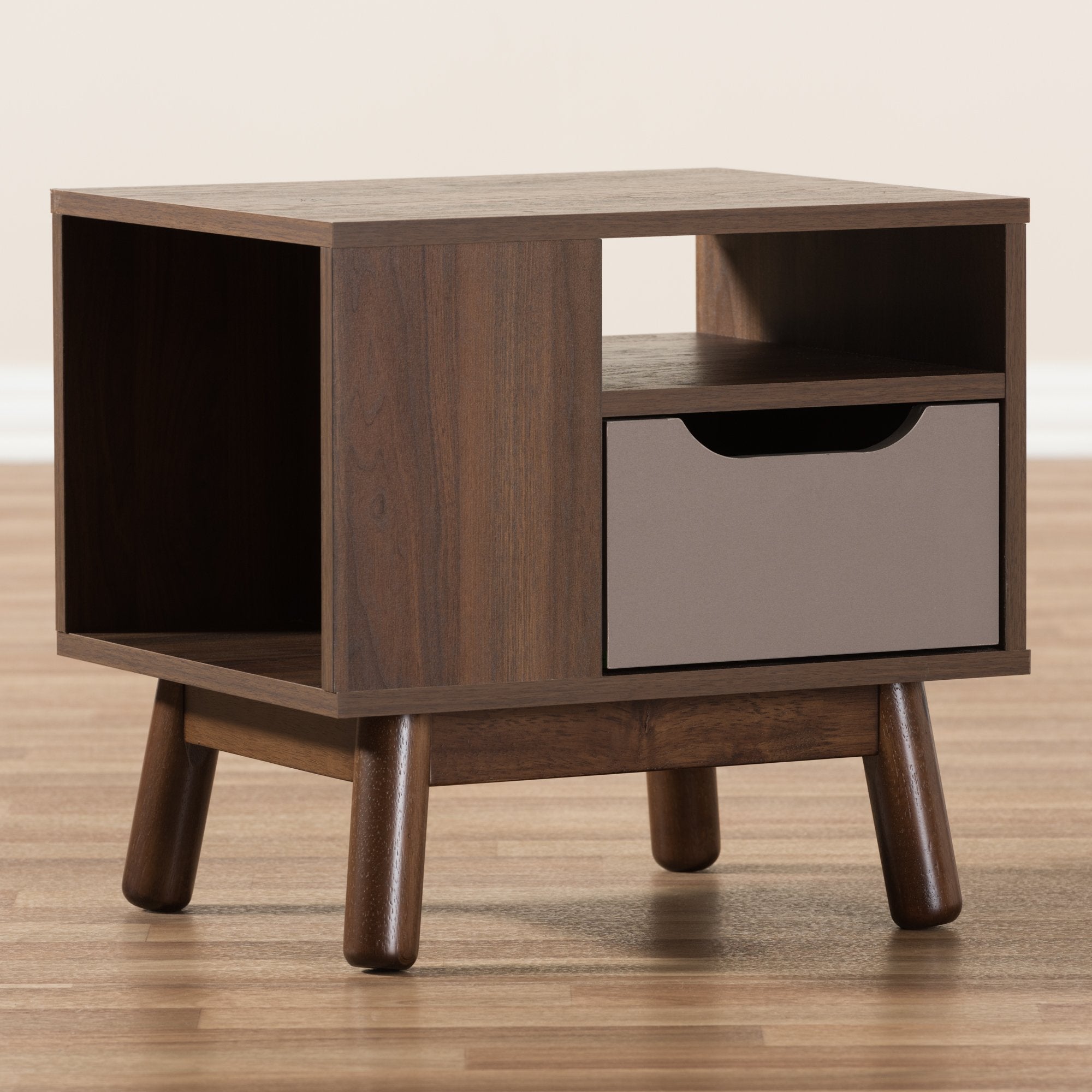 Baxton Studio Britta Mid-Century Modern Walnut Brown and Grey Two-Tone Finished Wood Nightstand