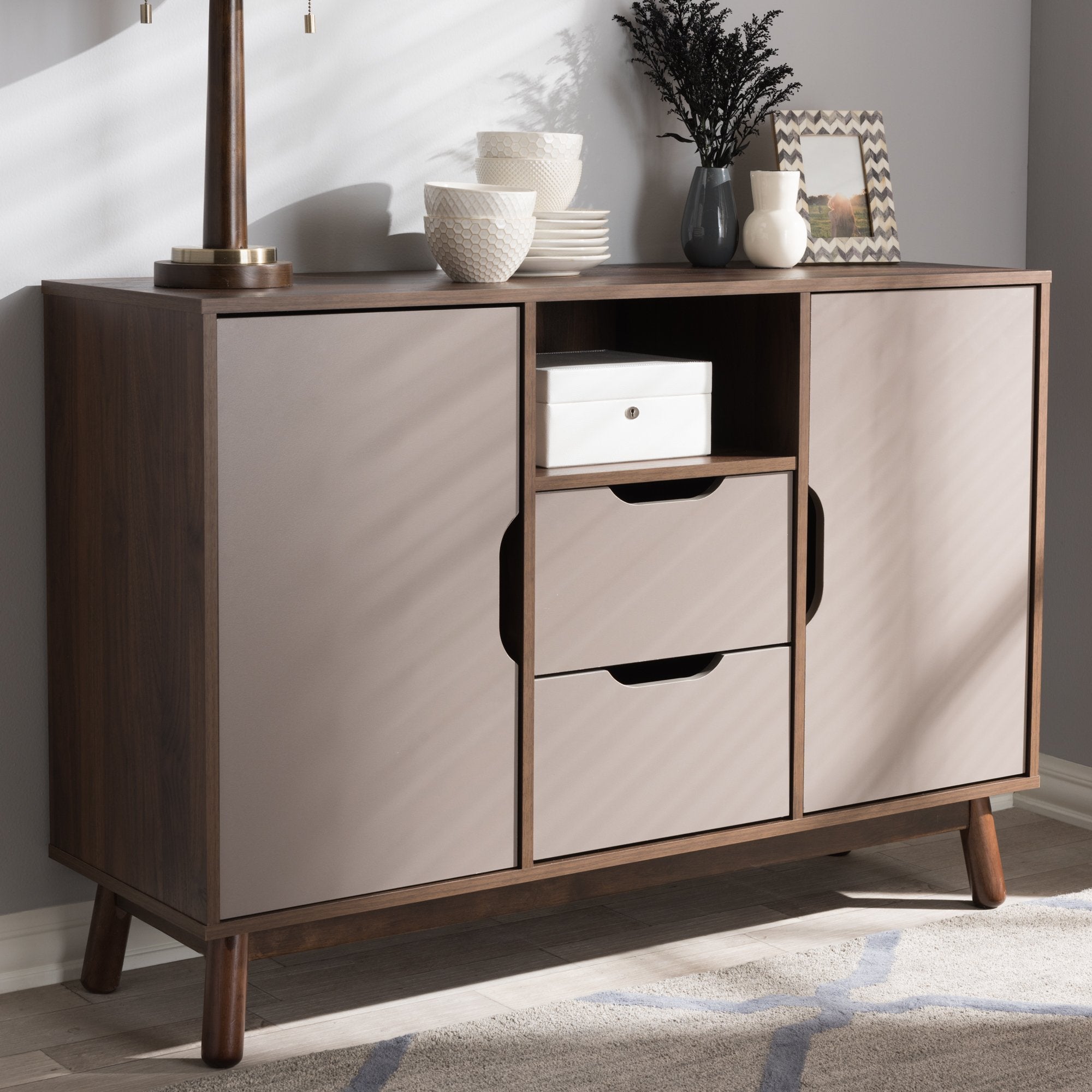 Baxton Studio Britta Mid-Century Modern Walnut Brown and Grey Two-Tone Finished Wood Sideboard