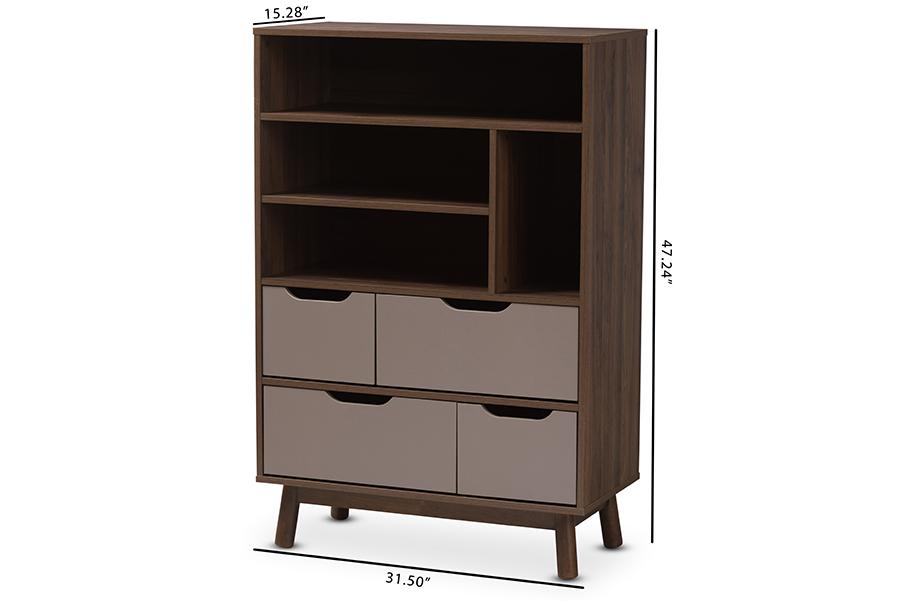 Baxton Studio Britta Mid-Century Modern Walnut Brown and Grey Two-Tone Finished Wood Bookcase