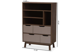 Baxton Studio Britta Mid-Century Modern Walnut Brown and Grey Two-Tone Finished Wood Bookcase