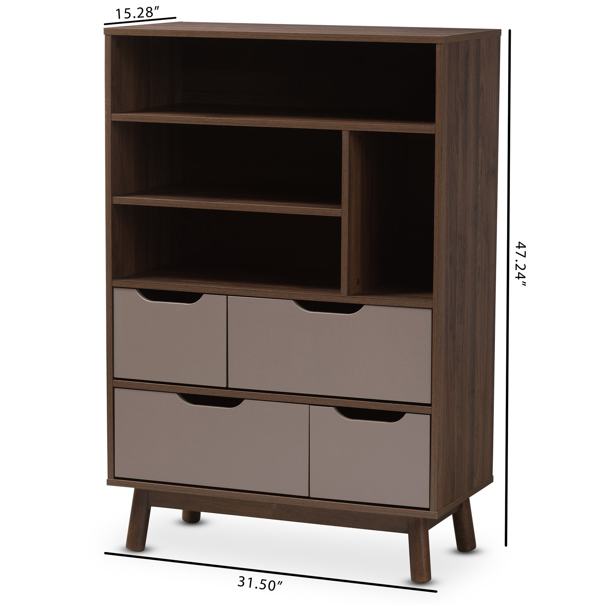 Baxton Studio Britta Mid-Century Modern Walnut Brown and Grey Two-Tone Finished Wood Bookcase