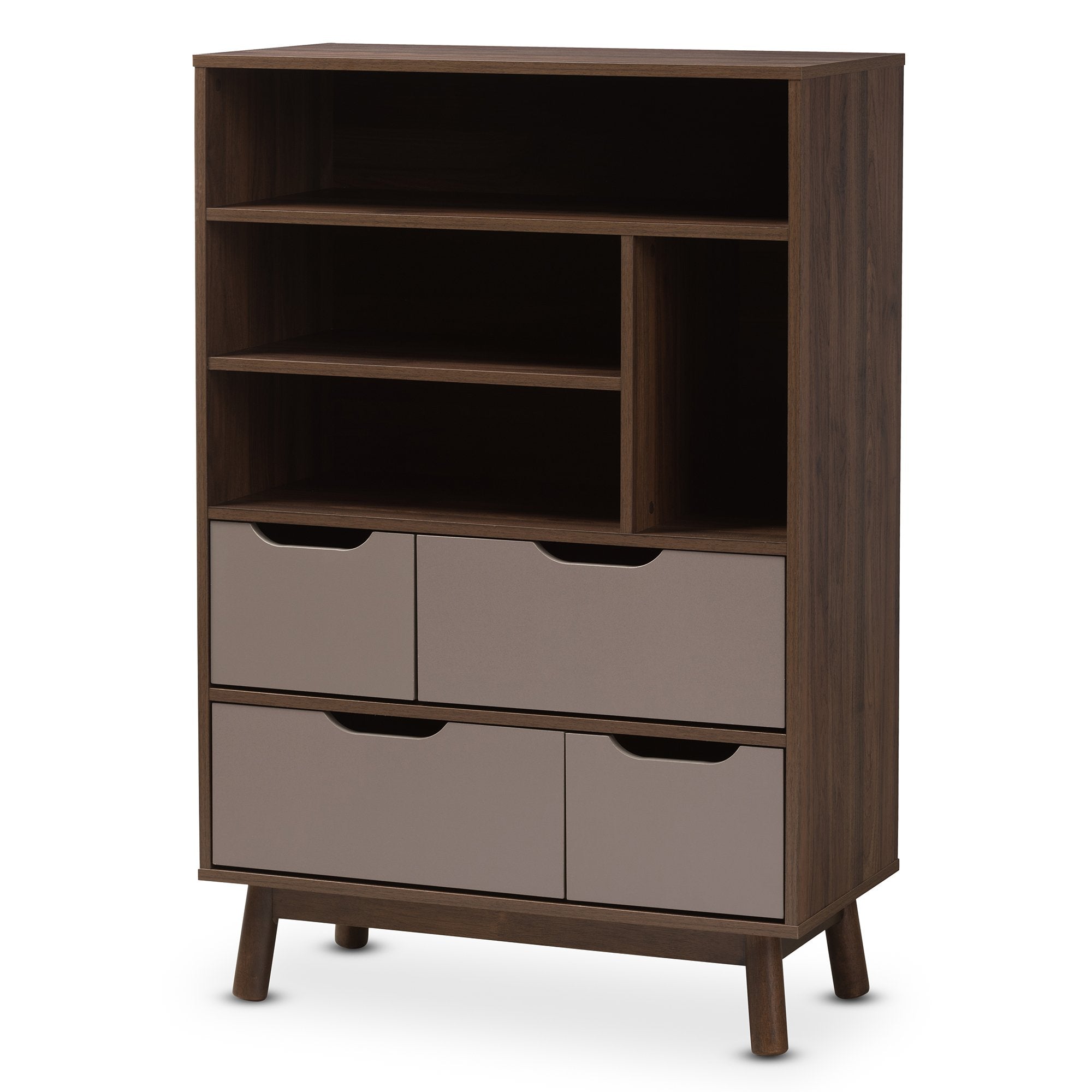 Baxton Studio Britta Mid-Century Modern Walnut Brown and Grey Two-Tone Finished Wood Bookcase