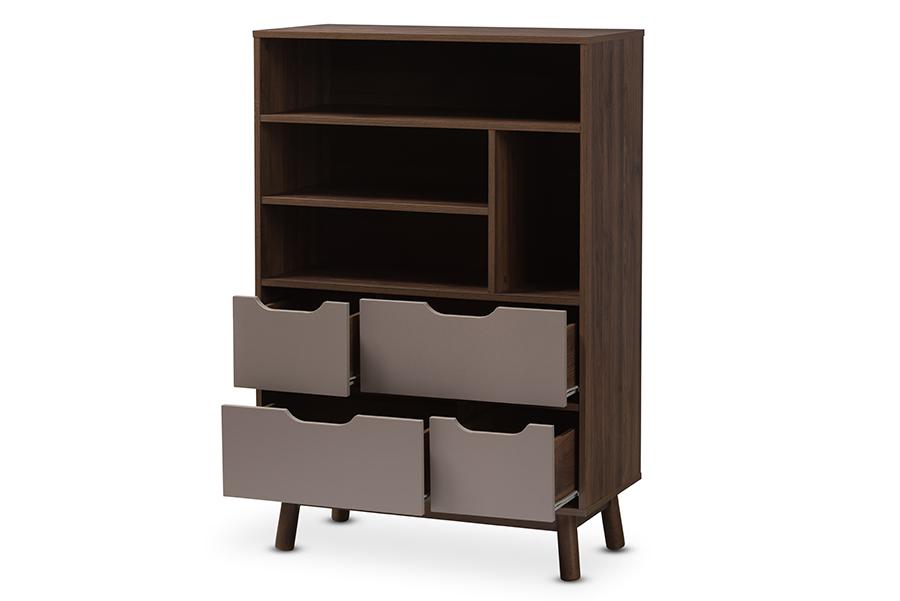 Baxton Studio Britta Mid-Century Modern Walnut Brown and Grey Two-Tone Finished Wood Bookcase