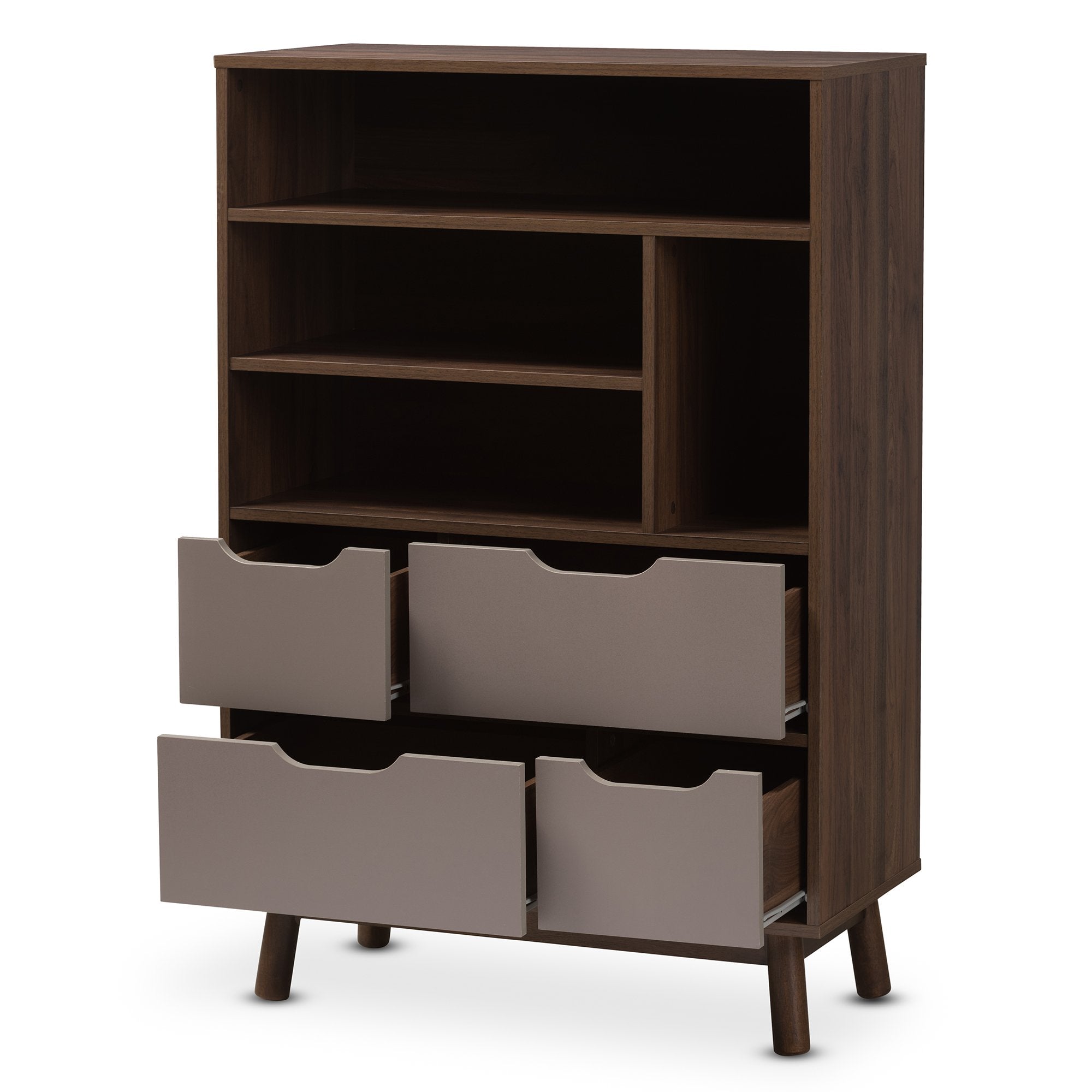 Baxton Studio Britta Mid-Century Modern Walnut Brown and Grey Two-Tone Finished Wood Bookcase