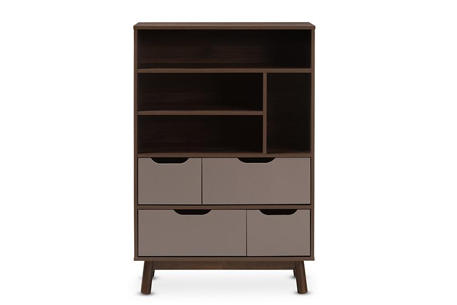 Baxton Studio Britta Mid-Century Modern Walnut Brown and Grey Two-Tone Finished Wood Bookcase