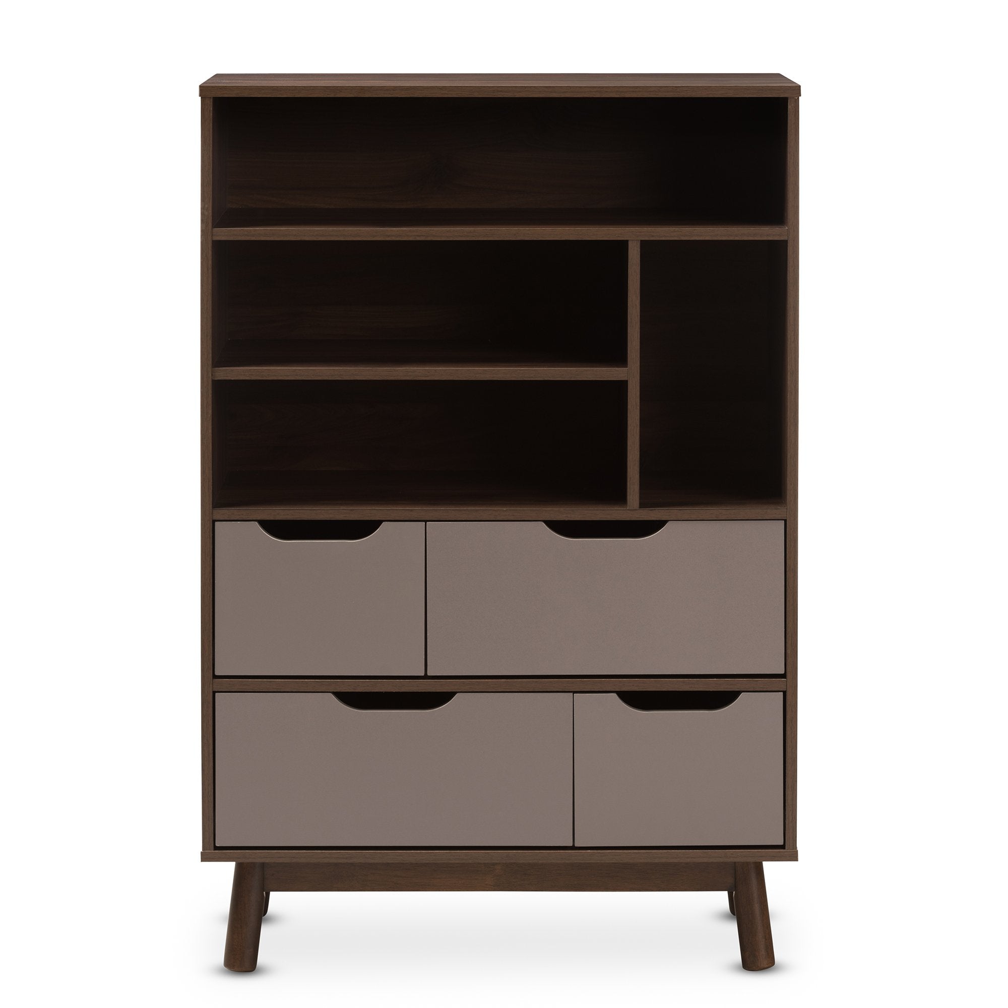 Baxton Studio Britta Mid-Century Modern Walnut Brown and Grey Two-Tone Finished Wood Bookcase