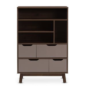 Baxton Studio Britta Mid-Century Modern Walnut Brown and Grey Two-Tone Finished Wood Bookcase