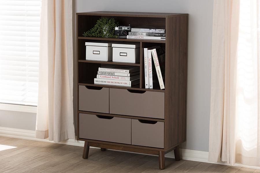 Baxton Studio Britta Mid-Century Modern Walnut Brown and Grey Two-Tone Finished Wood Bookcase