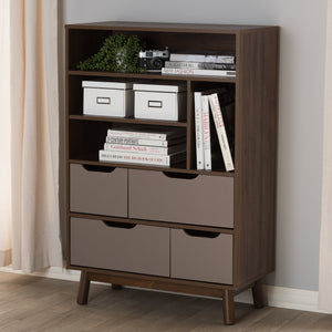 Baxton Studio Britta Mid-Century Modern Walnut Brown and Grey Two-Tone Finished Wood Bookcase