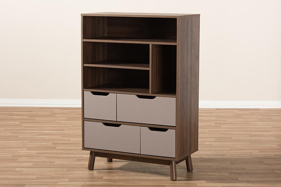 Baxton Studio Britta Mid-Century Modern Walnut Brown and Grey Two-Tone Finished Wood Bookcase