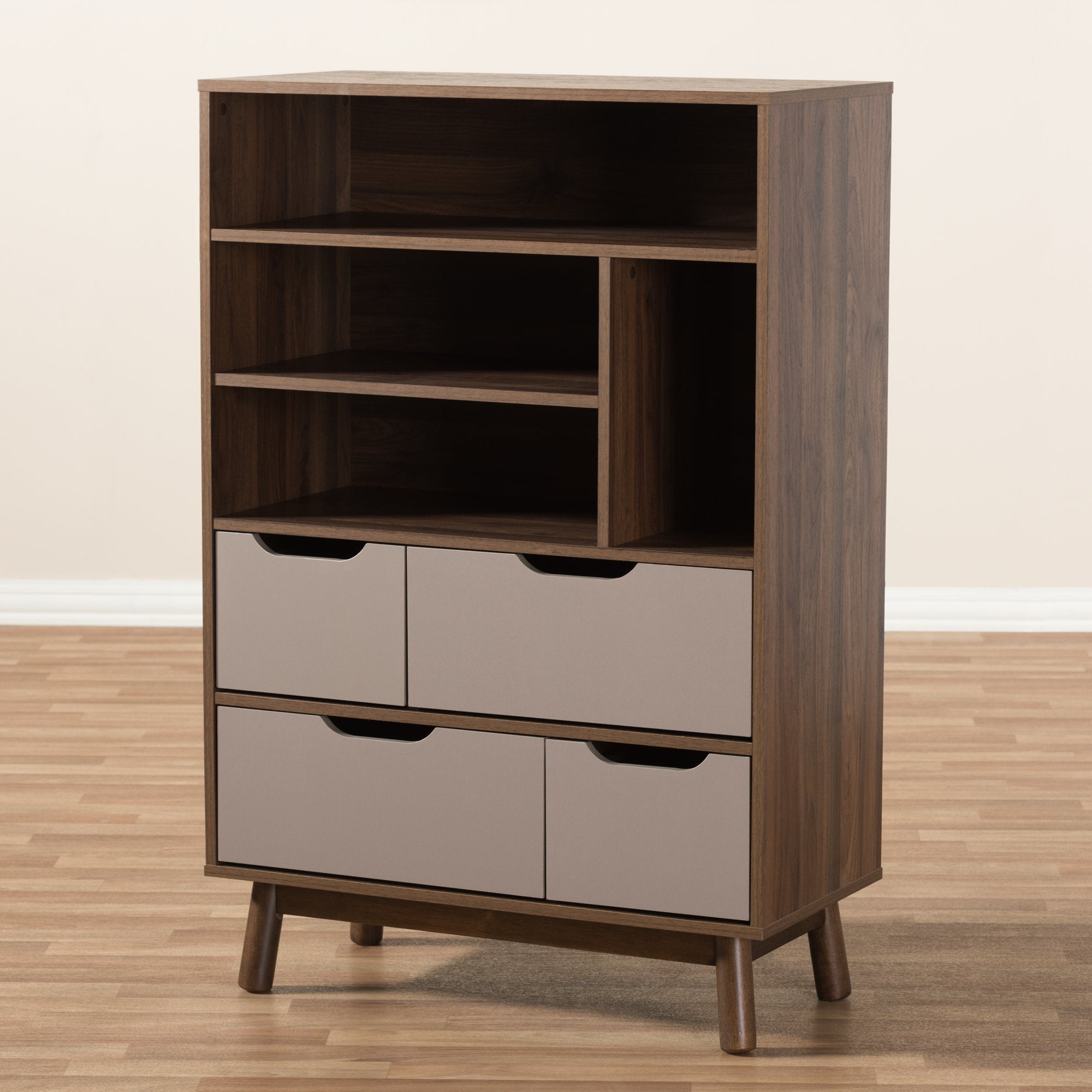 Baxton Studio Britta Mid-Century Modern Walnut Brown and Grey Two-Tone Finished Wood Bookcase