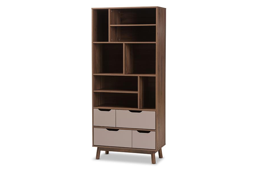 Baxton Studio Britta Mid-Century Modern Walnut Brown and Grey Two-Tone Finished Wood Bookcase