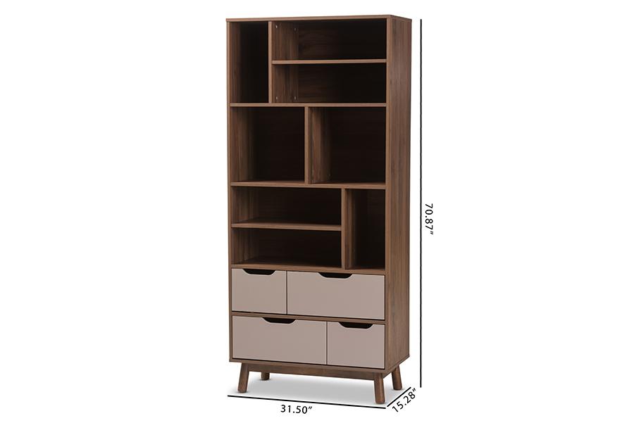 Baxton Studio Britta Mid-Century Modern Walnut Brown and Grey Two-Tone Finished Wood Bookcase