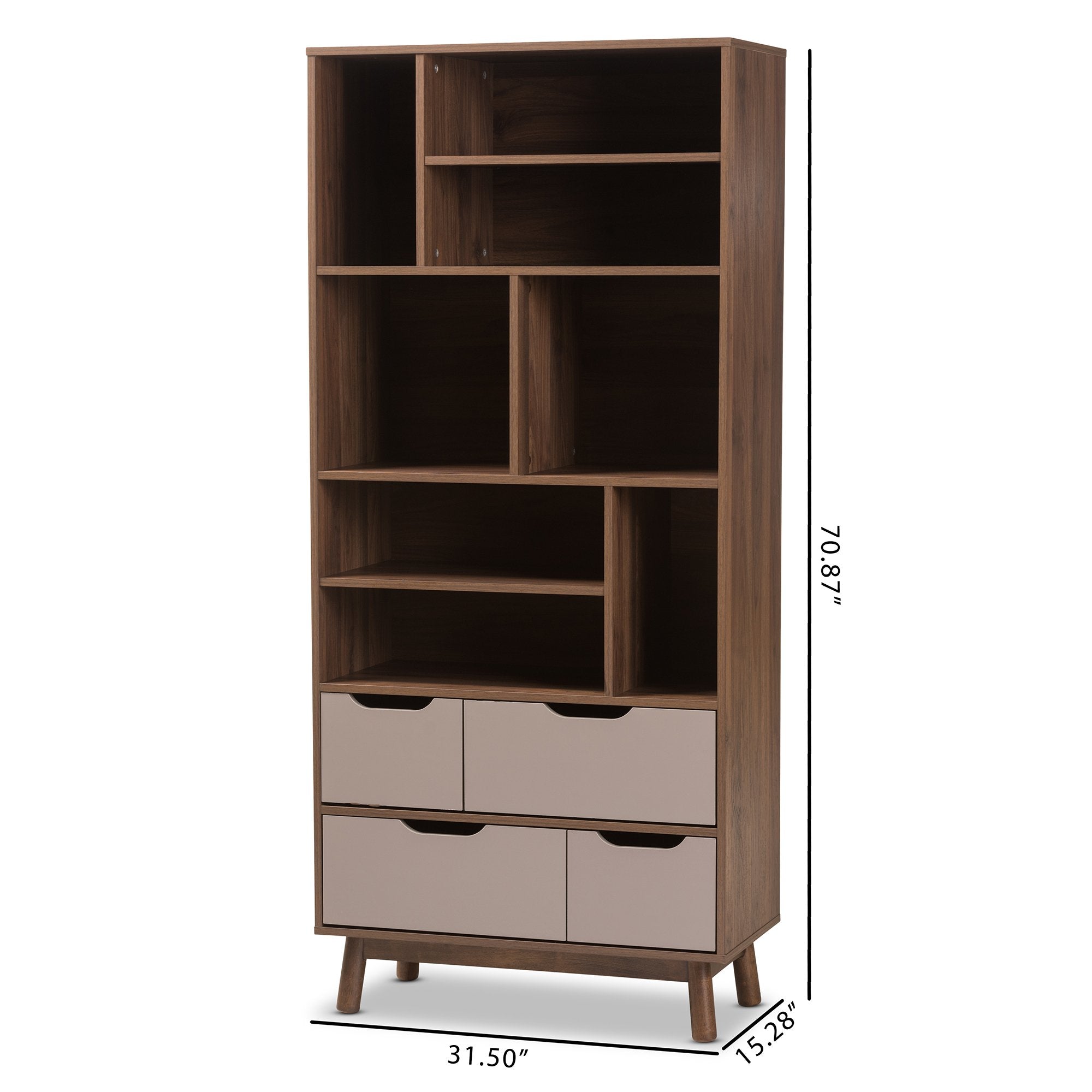 Baxton Studio Britta Mid-Century Modern Walnut Brown and Grey Two-Tone Finished Wood Bookcase