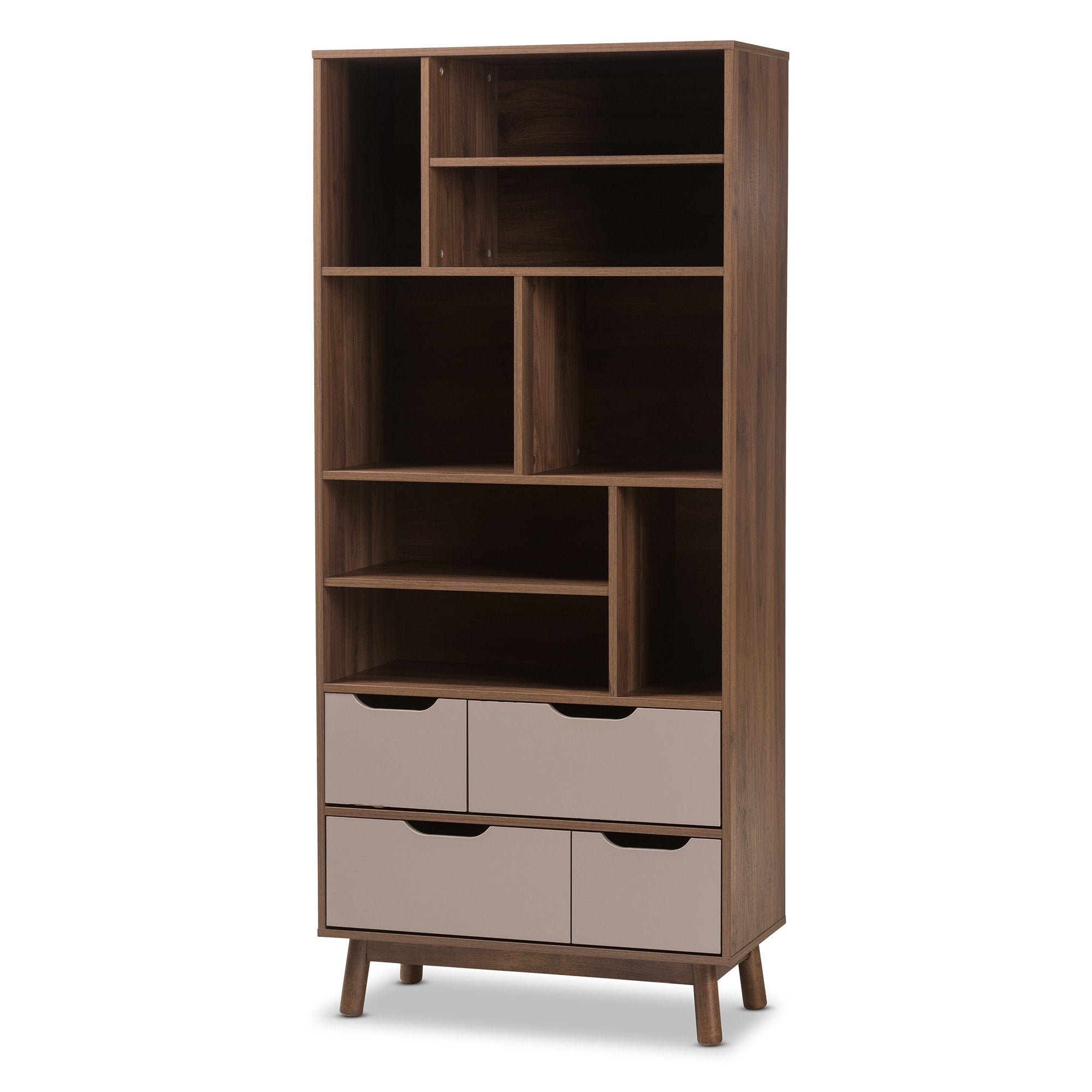 Baxton Studio Britta Mid-Century Modern Walnut Brown and Grey Two-Tone Finished Wood Bookcase