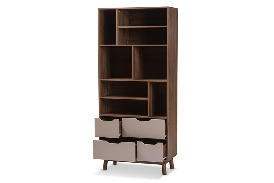 Baxton Studio Britta Mid-Century Modern Walnut Brown and Grey Two-Tone Finished Wood Bookcase