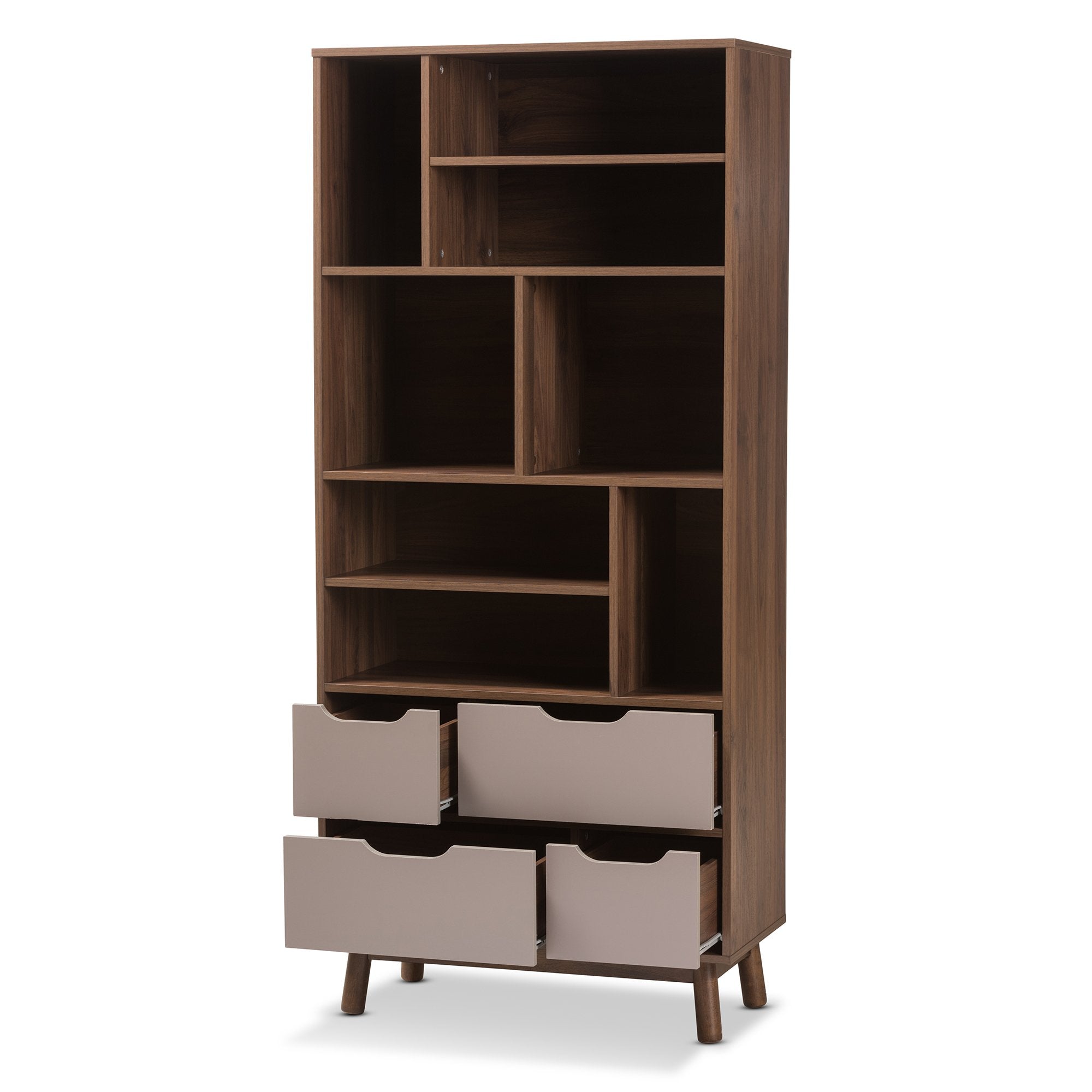 Baxton Studio Britta Mid-Century Modern Walnut Brown and Grey Two-Tone Finished Wood Bookcase