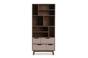 Baxton Studio Britta Mid-Century Modern Walnut Brown and Grey Two-Tone Finished Wood Bookcase