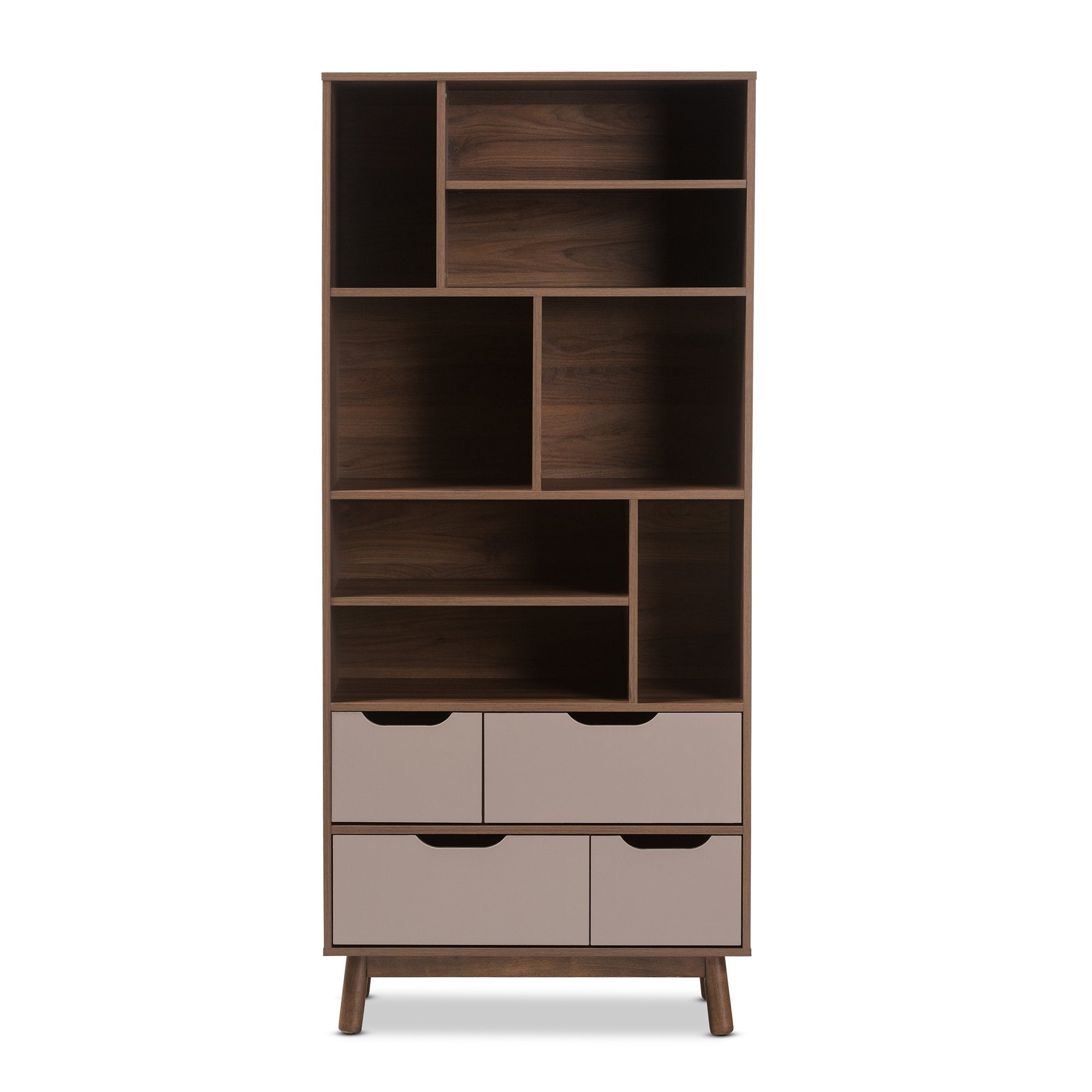 Baxton Studio Britta Mid-Century Modern Walnut Brown and Grey Two-Tone Finished Wood Bookcase