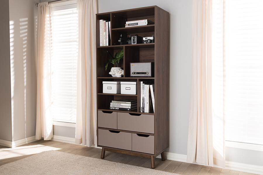 Baxton Studio Britta Mid-Century Modern Walnut Brown and Grey Two-Tone Finished Wood Bookcase