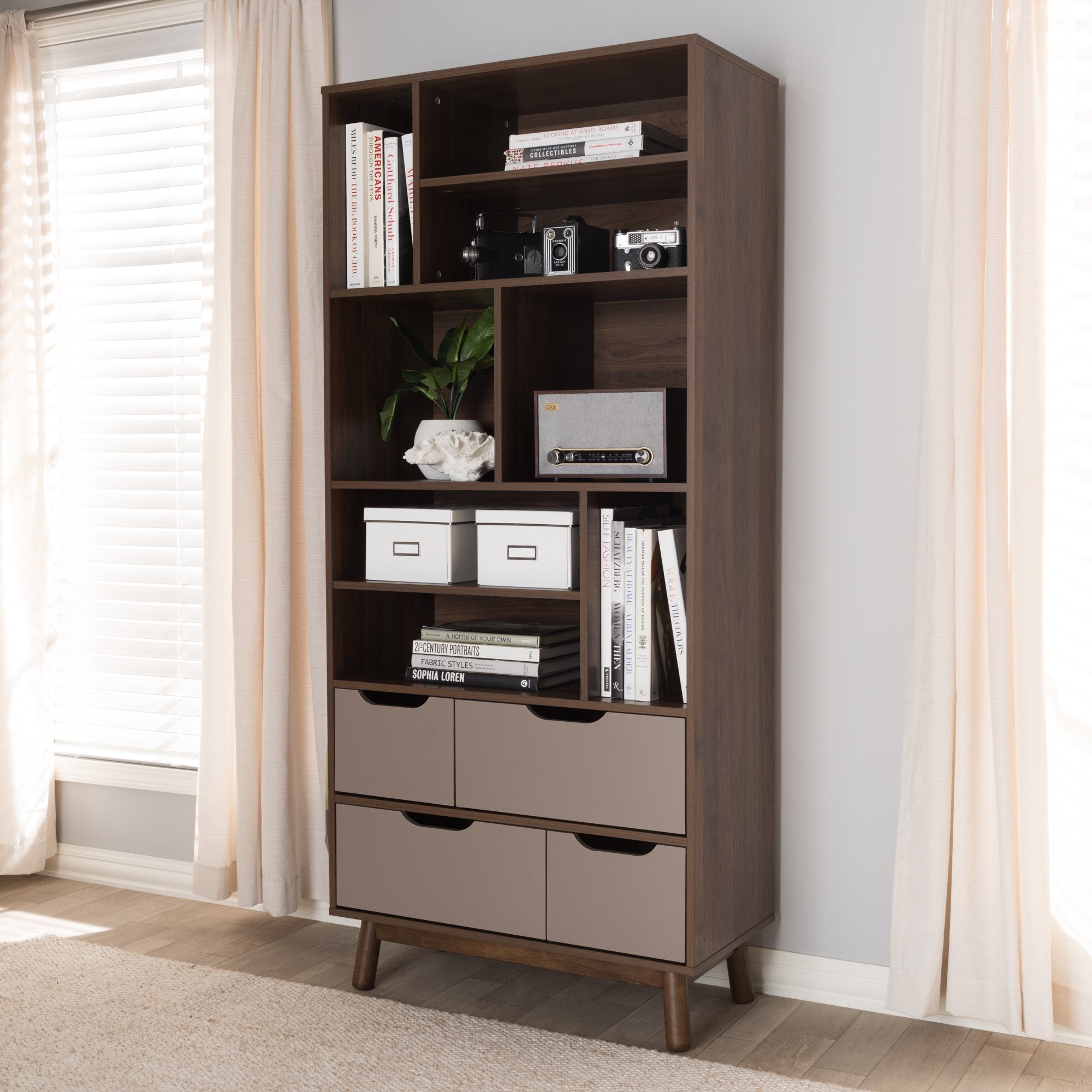 Baxton Studio Britta Mid-Century Modern Walnut Brown and Grey Two-Tone Finished Wood Bookcase