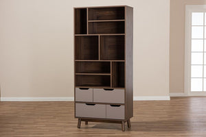 Baxton Studio Britta Mid-Century Modern Walnut Brown and Grey Two-Tone Finished Wood Bookcase