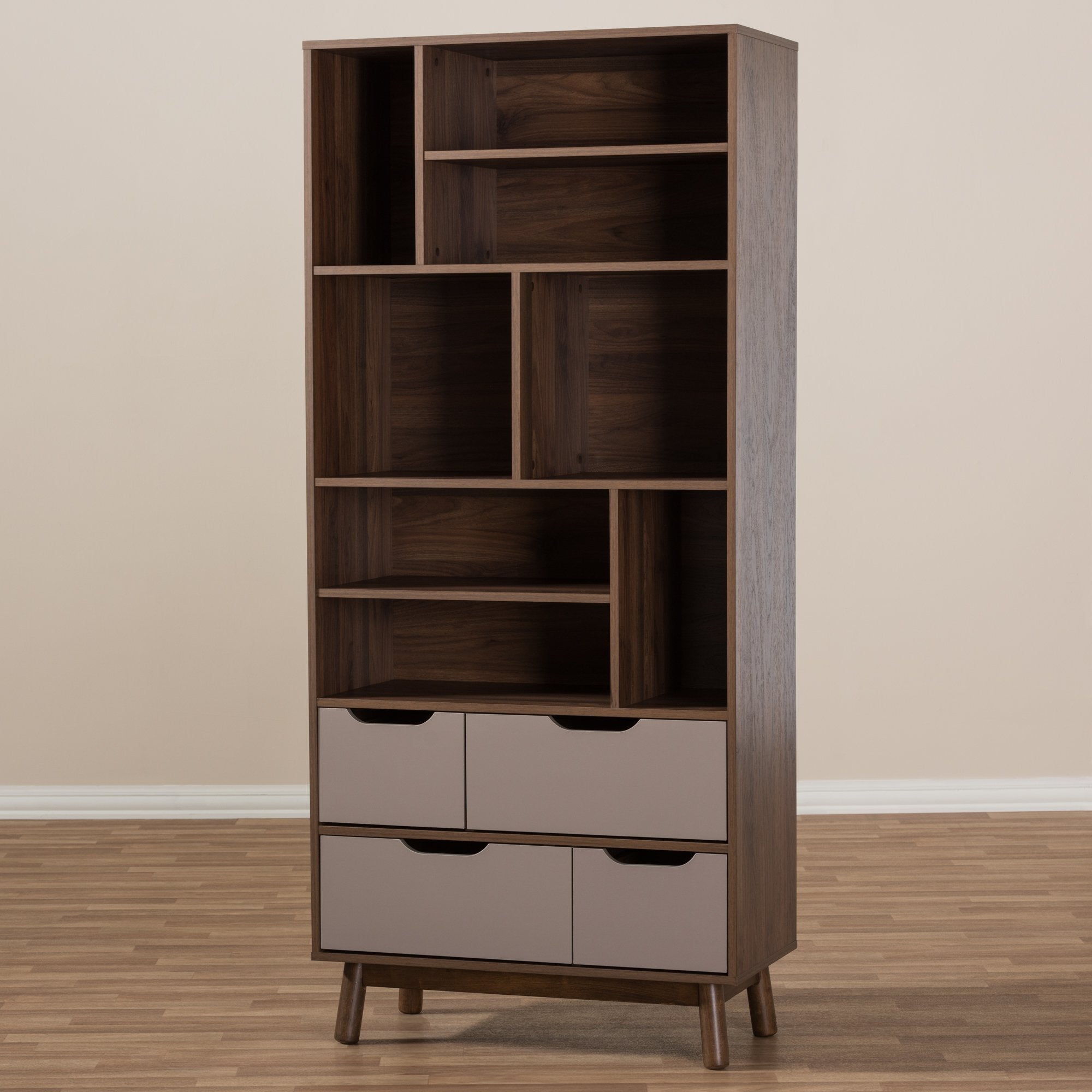 Baxton Studio Britta Mid-Century Modern Walnut Brown and Grey Two-Tone Finished Wood Bookcase