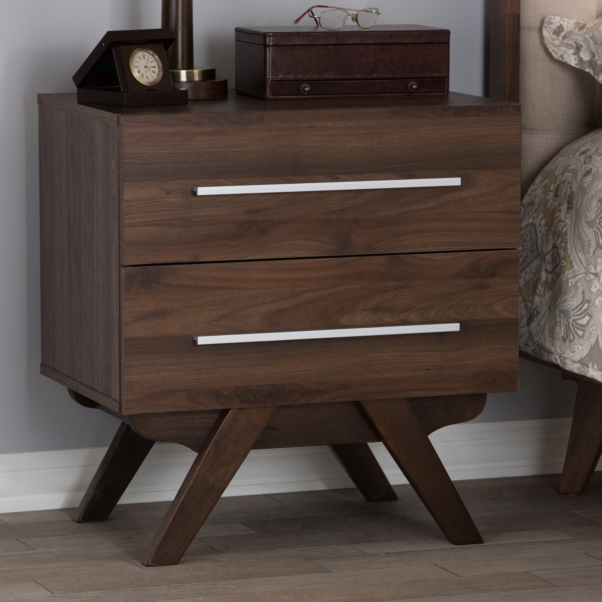 Baxton Studio Auburn Mid-Century Modern Walnut Brown Finished Wood 2-Drawer Nightstand