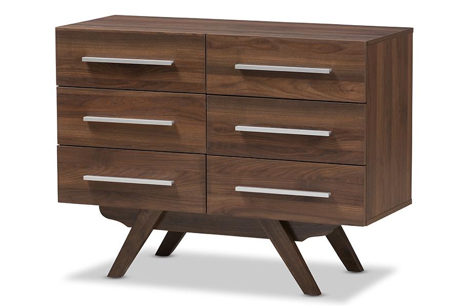 Baxton Studio Auburn Mid-Century Modern Walnut Brown Finished Wood 6-Drawer Dresser