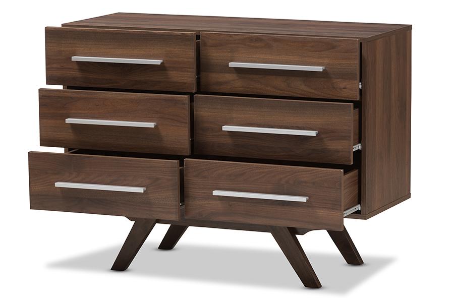 Baxton Studio Auburn Mid-Century Modern Walnut Brown Finished Wood 6-Drawer Dresser