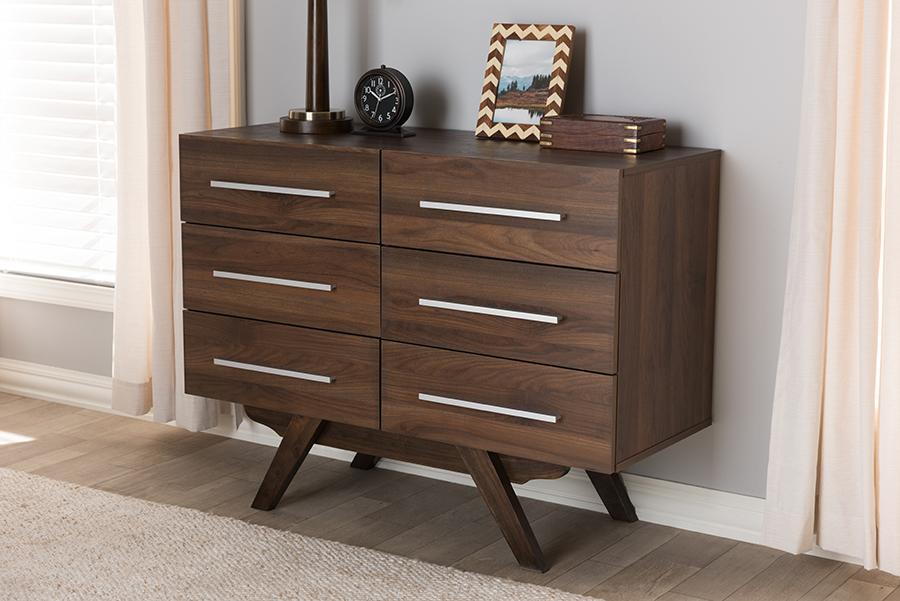 Baxton Studio Auburn Mid-Century Modern Walnut Brown Finished Wood 6-Drawer Dresser