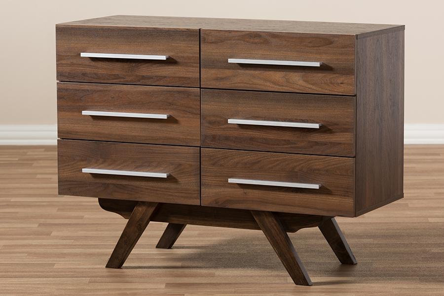 Baxton Studio Auburn Mid-Century Modern Walnut Brown Finished Wood 6-Drawer Dresser