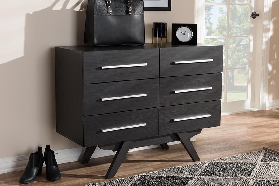 Baxton Studio Auburn Mid-Century Modern Espresso Brown Finished Wood 6-Drawer Dresser