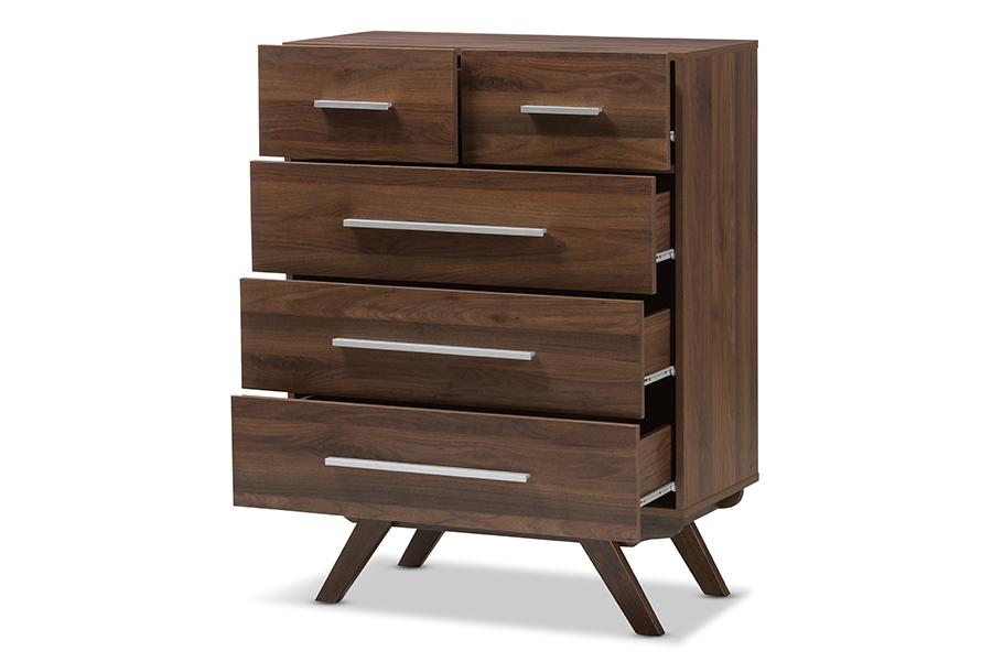 Baxton Studio Auburn Mid-Century Modern Walnut Brown Finished Wood 5-Drawer Chest