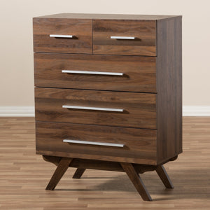 Baxton Studio Auburn Mid-Century Modern Walnut Brown Finished Wood 5-Drawer Chest