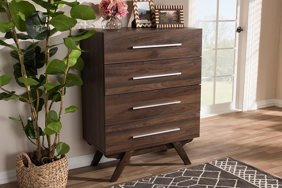 Baxton Studio Auburn Mid-Century Modern Walnut Brown Finished Wood 4-Drawer Chest