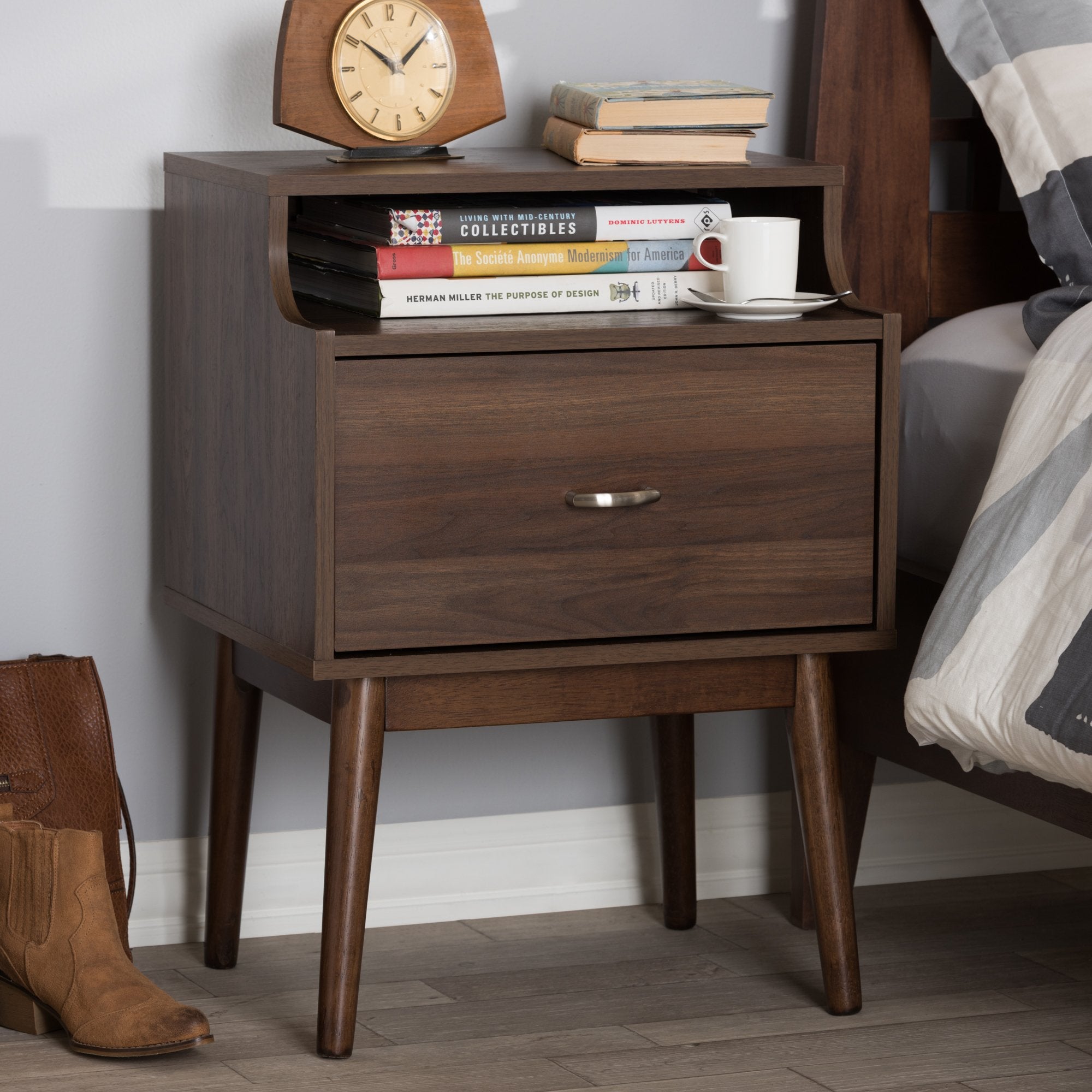 Baxton Studio Disa Mid-Century Modern Walnut Brown Finished Nightstand