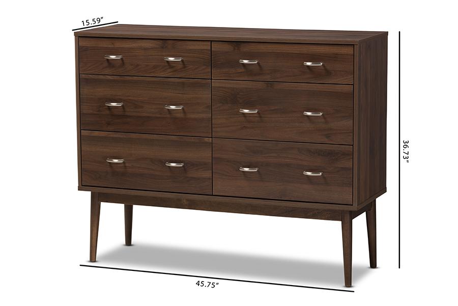 Baxton Studio Disa Mid-Century Modern Walnut Brown Finished 6-Drawer Dresser