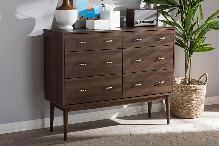 Baxton Studio Disa Mid-Century Modern Walnut Brown Finished 6-Drawer Dresser