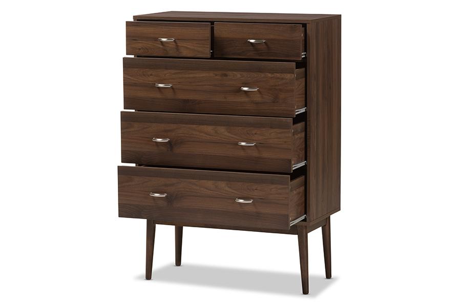 Baxton Studio Disa Mid-Century Modern Walnut Brown Finished Wood 5-Drawer Chest