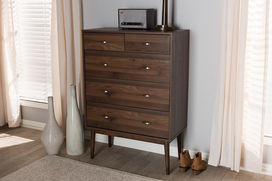 Baxton Studio Disa Mid-Century Modern Walnut Brown Finished Wood 5-Drawer Chest