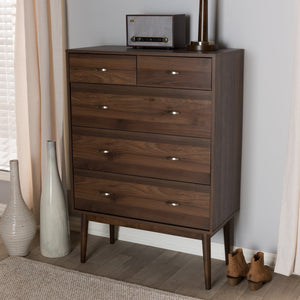 Baxton Studio Disa Mid-Century Modern Walnut Brown Finished Wood 5-Drawer Chest