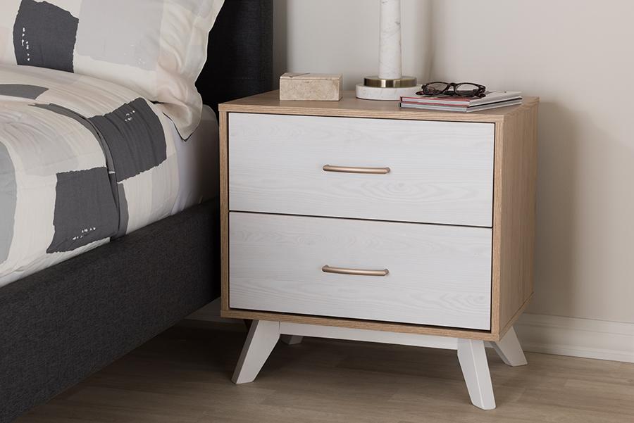 Baxton Studio Helena Mid-Century Modern Natural Oak and Whitewashed Finished Wood 2-Drawer Nightstand