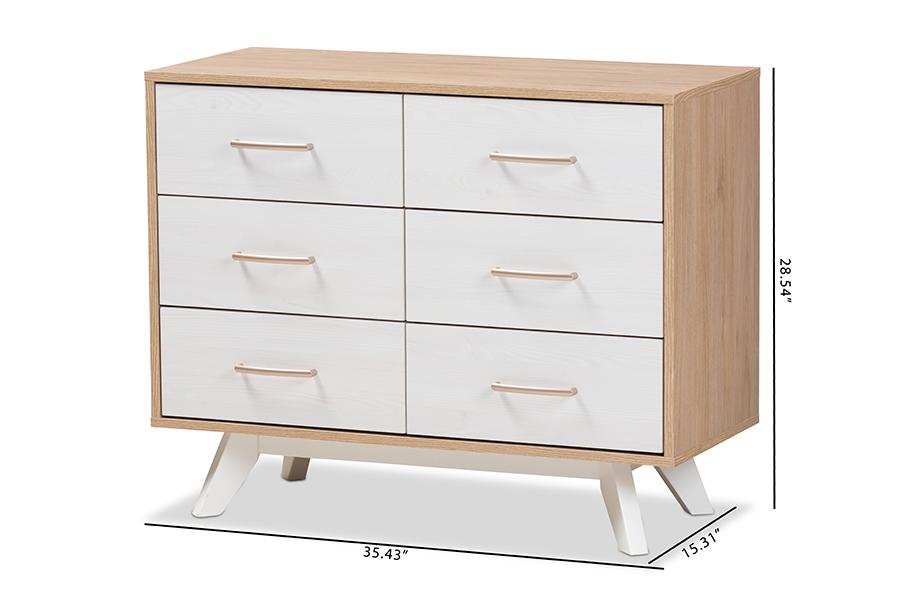 Baxton Studio Helena Mid-Century Modern Natural Oak and Whitewashed Finished Wood 6-Drawer Dresser